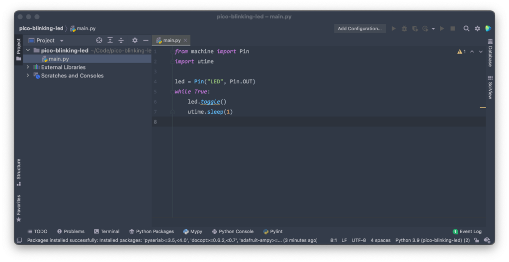 PyCharm - Entering Blinking LED Code