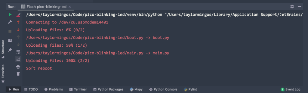 Pycharm - Pico Flashed Successfully Console Output