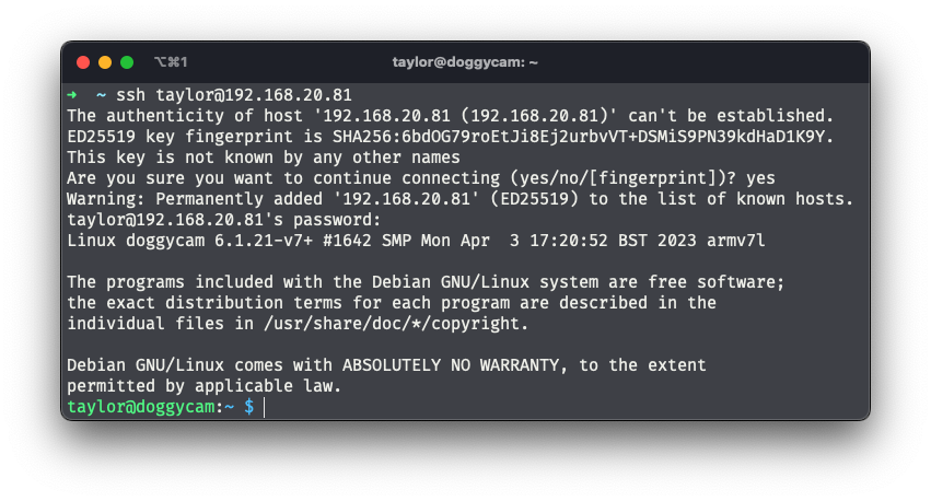Terminal Screenshot - SSH into the Raspberry Pi