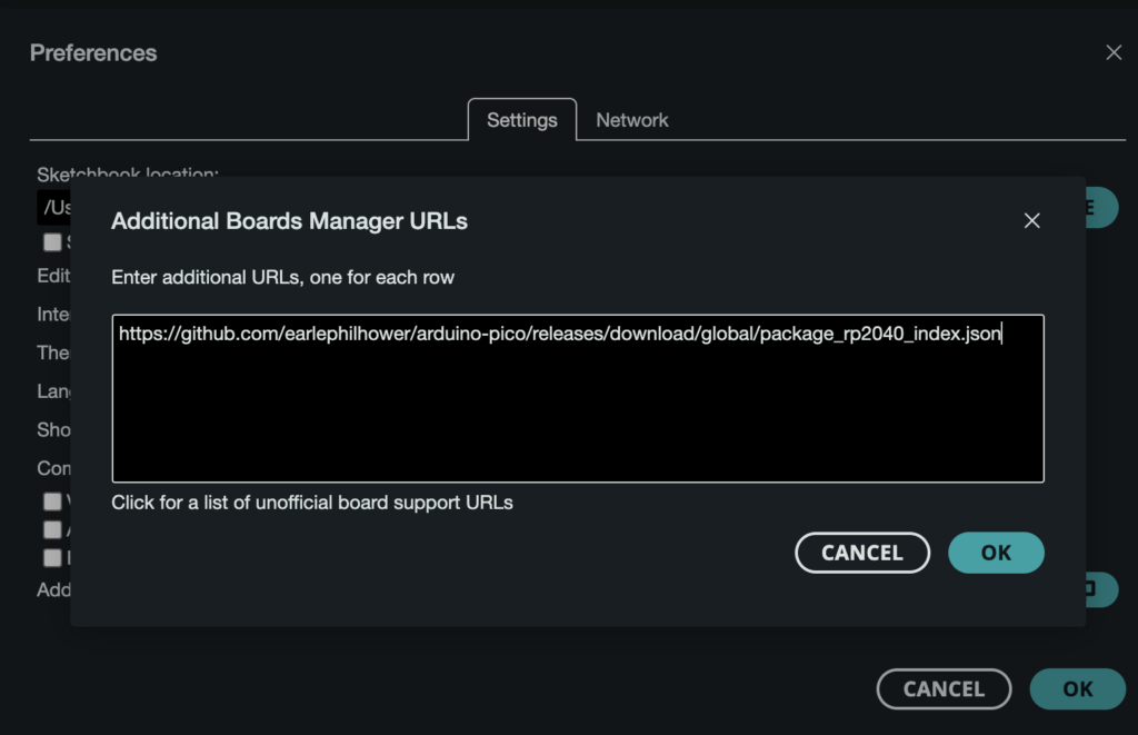 Arduino IDE Settings Showing RP2040 Support Added in Additional Board Manager URLs