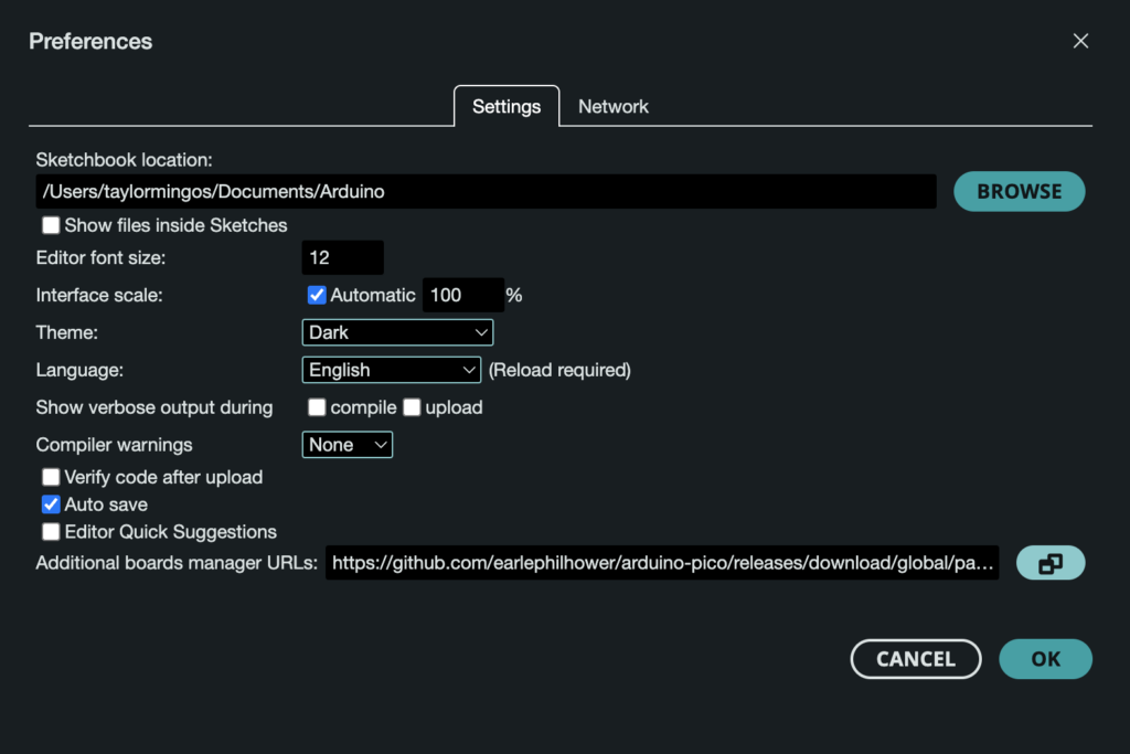 Arduino IDE Settings Showing RP2040 Support Added in Additional Board Manager URLs