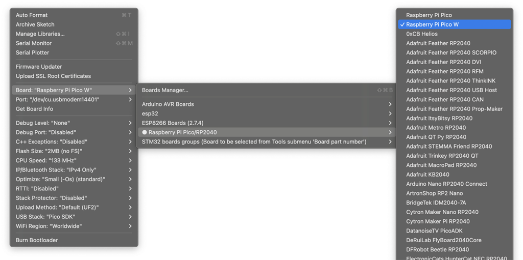 Raspberry Pi Pico W RP2040 Board Selection In Arduino-IDE